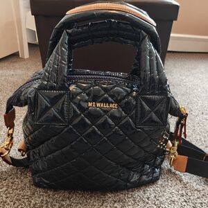 MZ Wallace Small Sutton Deluxe tote bag in navy quilted lacquer